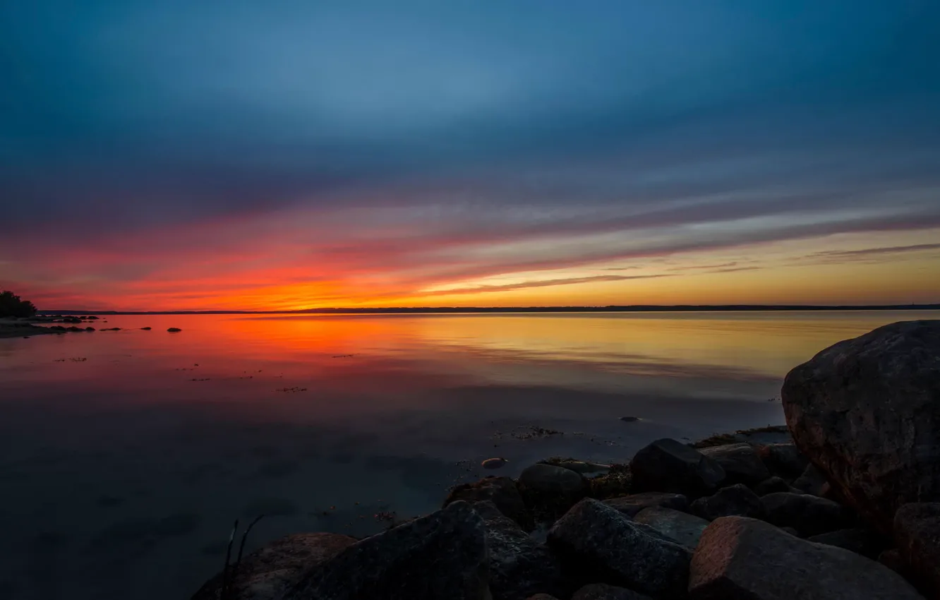 Photo wallpaper sunset, stones, The Baltic sea