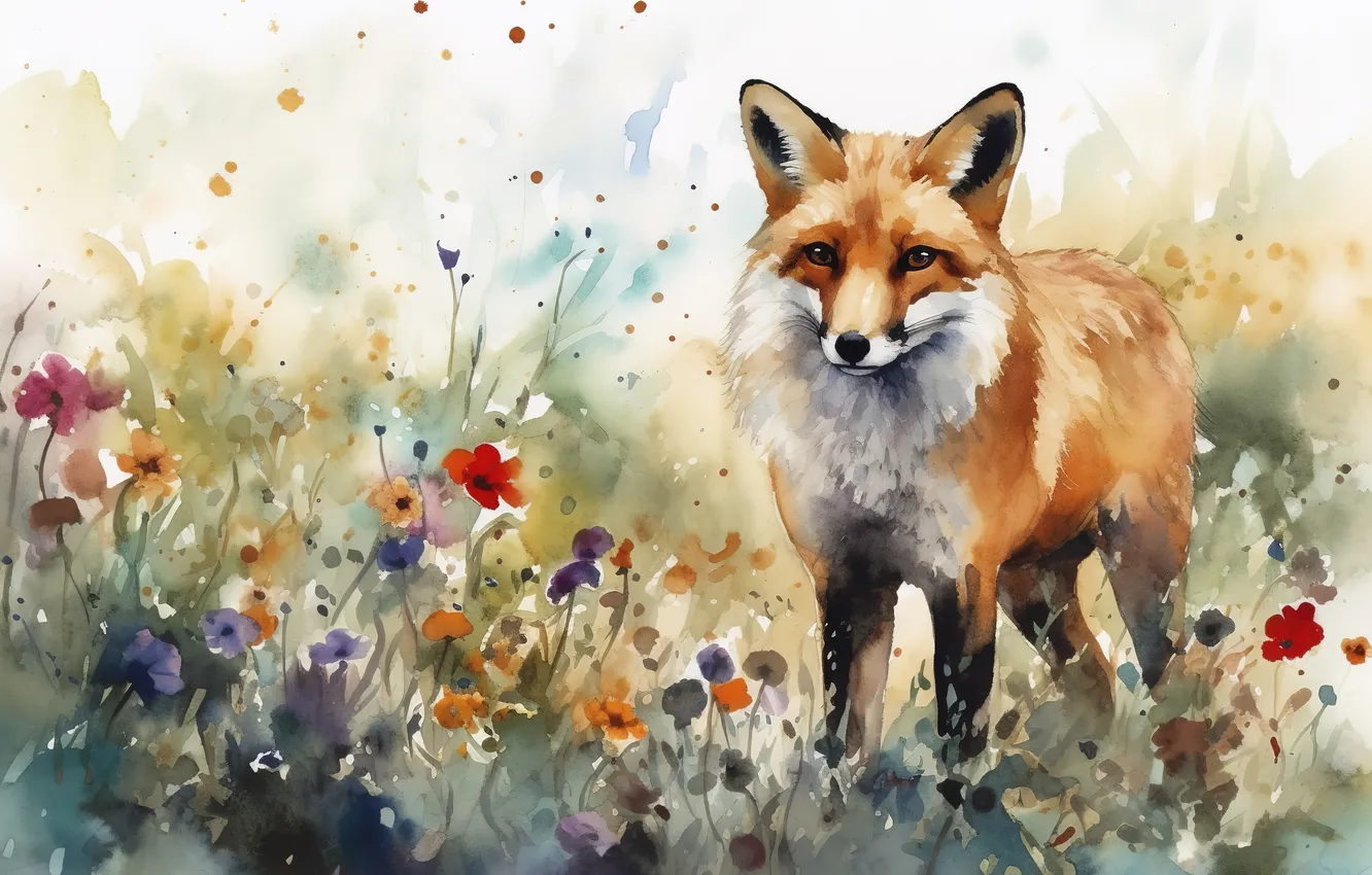 Photo wallpaper look, flowers, glade, watercolor, Fox, white background, red, painting