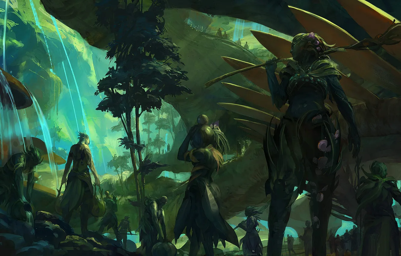Photo wallpaper forest, water, mushrooms, plant, art, staff, pitcher, Guild Wars 2