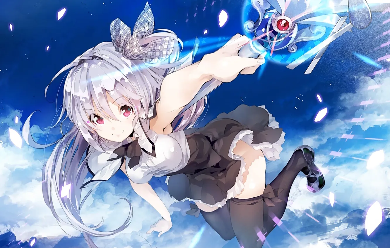 Photo wallpaper the sky, girl, clouds, smile, anime, art, bow, rod