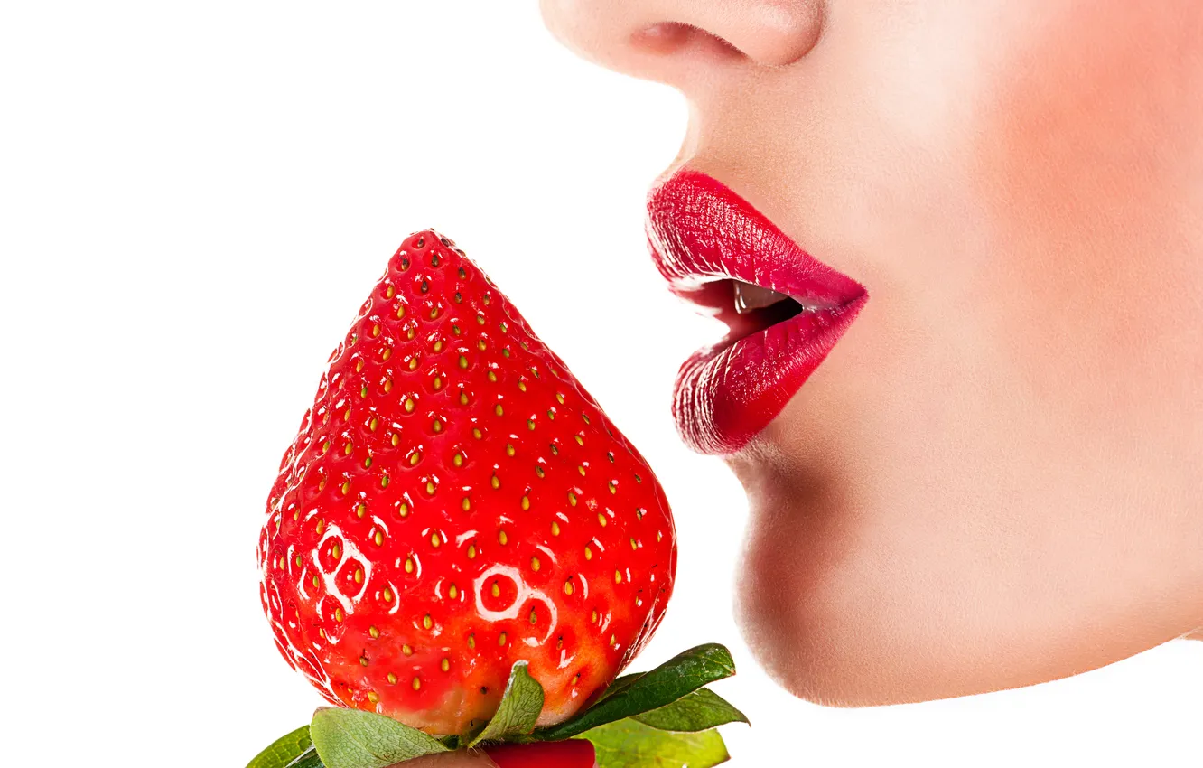 Photo wallpaper girl, face, makeup, strawberry, lips, girl, lips, face