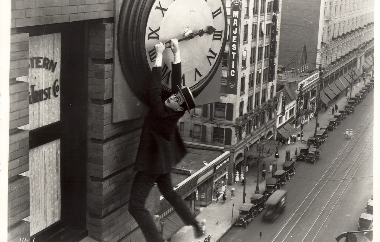 Photo wallpaper movie, watch, skyscrapers, retro, harold lloyd