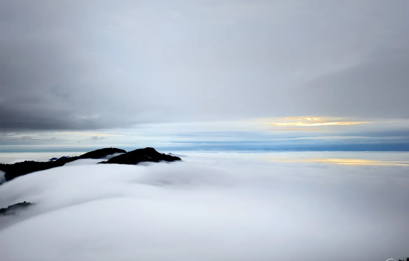 Photo wallpaper the sky, clouds, fog, hills, tops