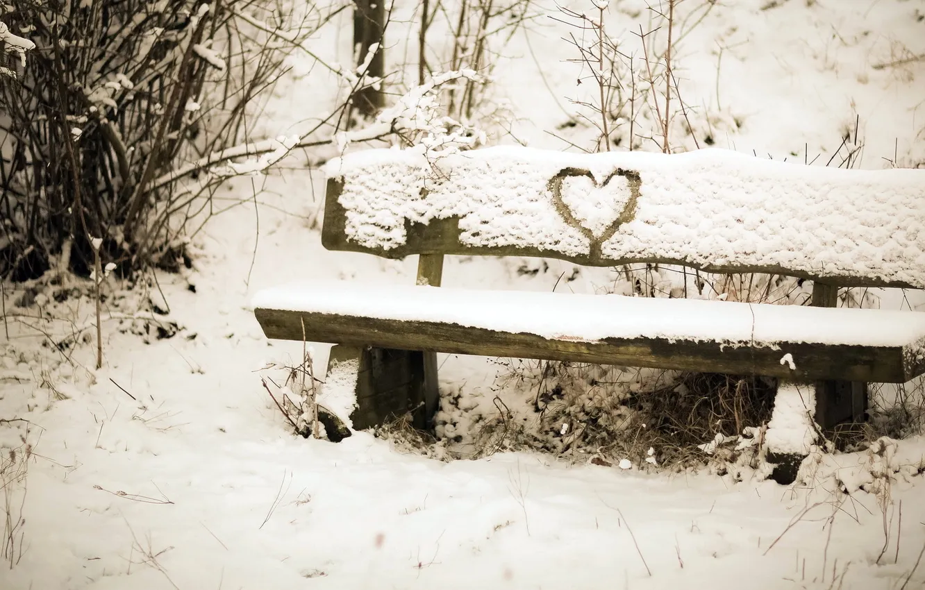 Photo wallpaper snow, mood, heart, bench