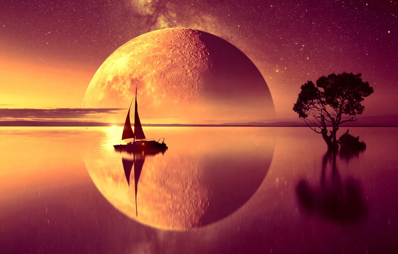 Photo wallpaper trees, sunset, reflection, rendering, fiction, the moon, ship, planet
