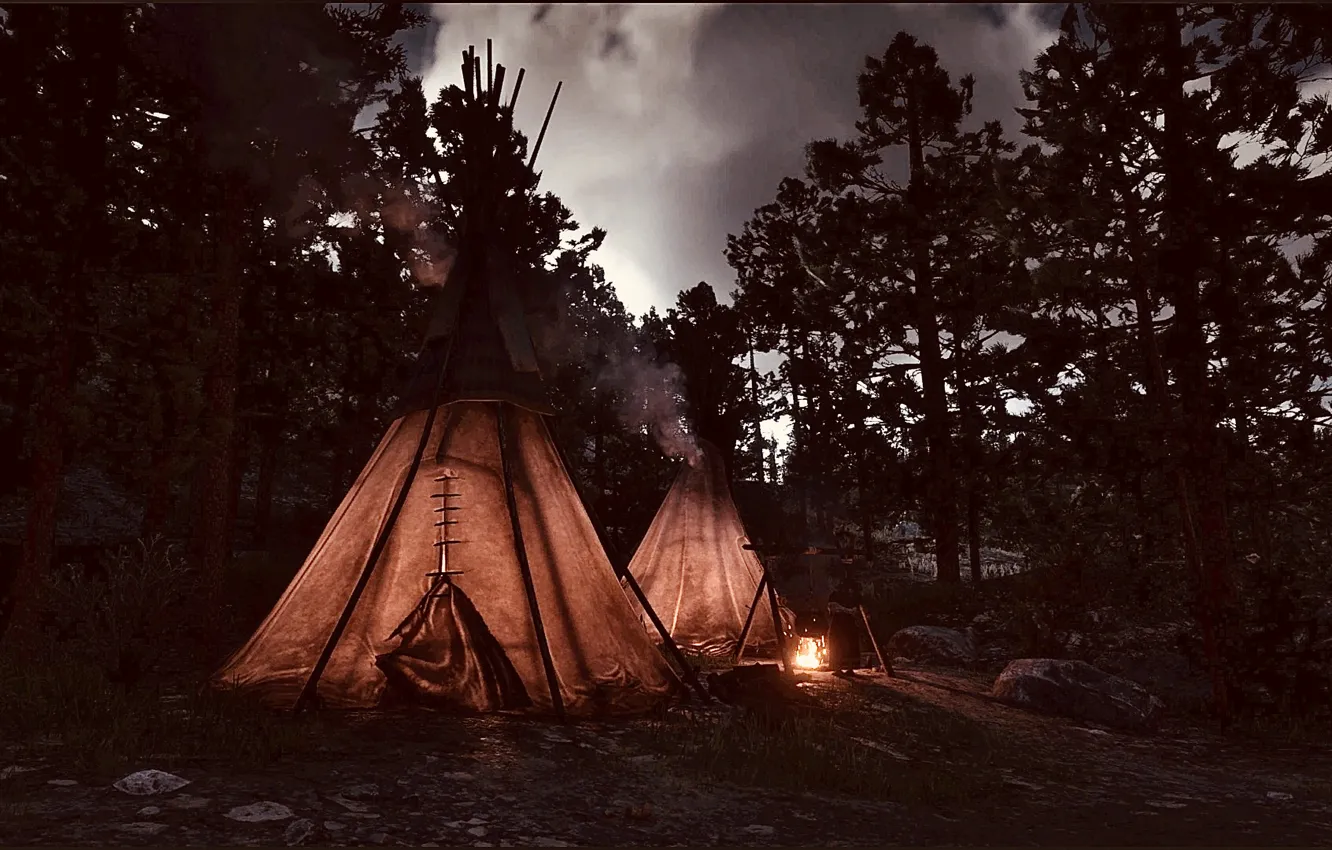 Photo wallpaper HDR, fire, game, trees, wood, night, Tipi, UHD