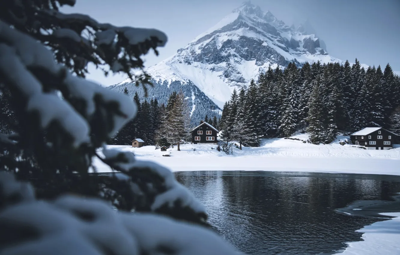 Photo wallpaper winter, snow, mountains, river, tree, mountain, house