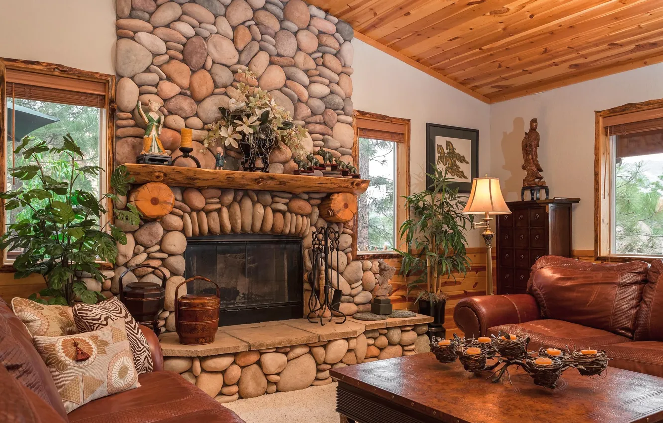 Photo wallpaper light, stones, table, sofa, lamp, window, fireplace, floor lamp