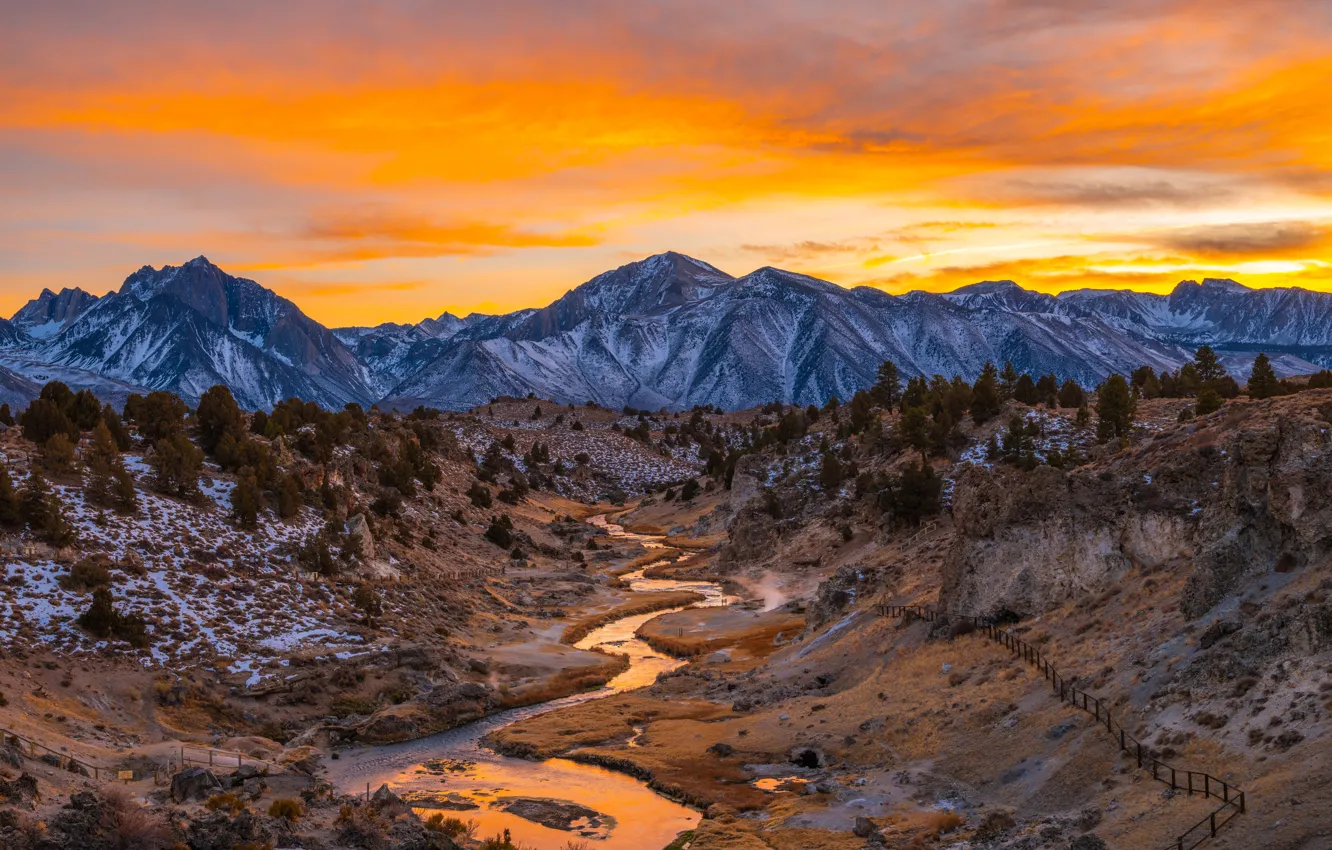 Photo wallpaper the sky, sunset, mountains, river, California, Inyo National Forest, Mammoth Lakes