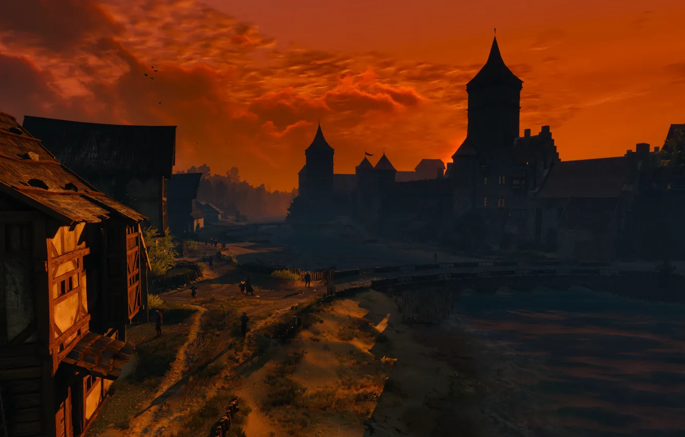 Photo wallpaper the sun, sunset, the city, sword, warrior, armor, The Witcher, The Witcher