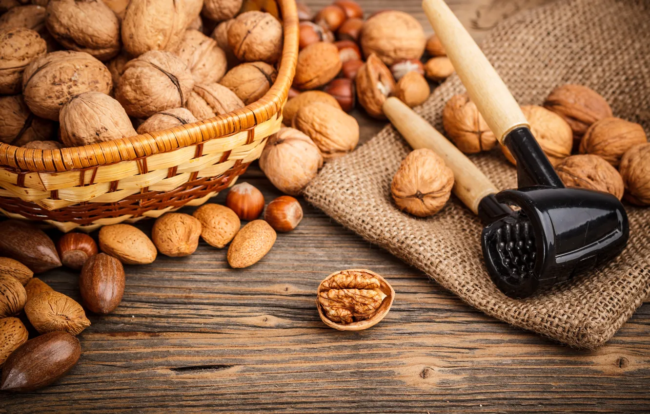Photo wallpaper nuts, basket, almonds, forest, walnut, the Nutcracker