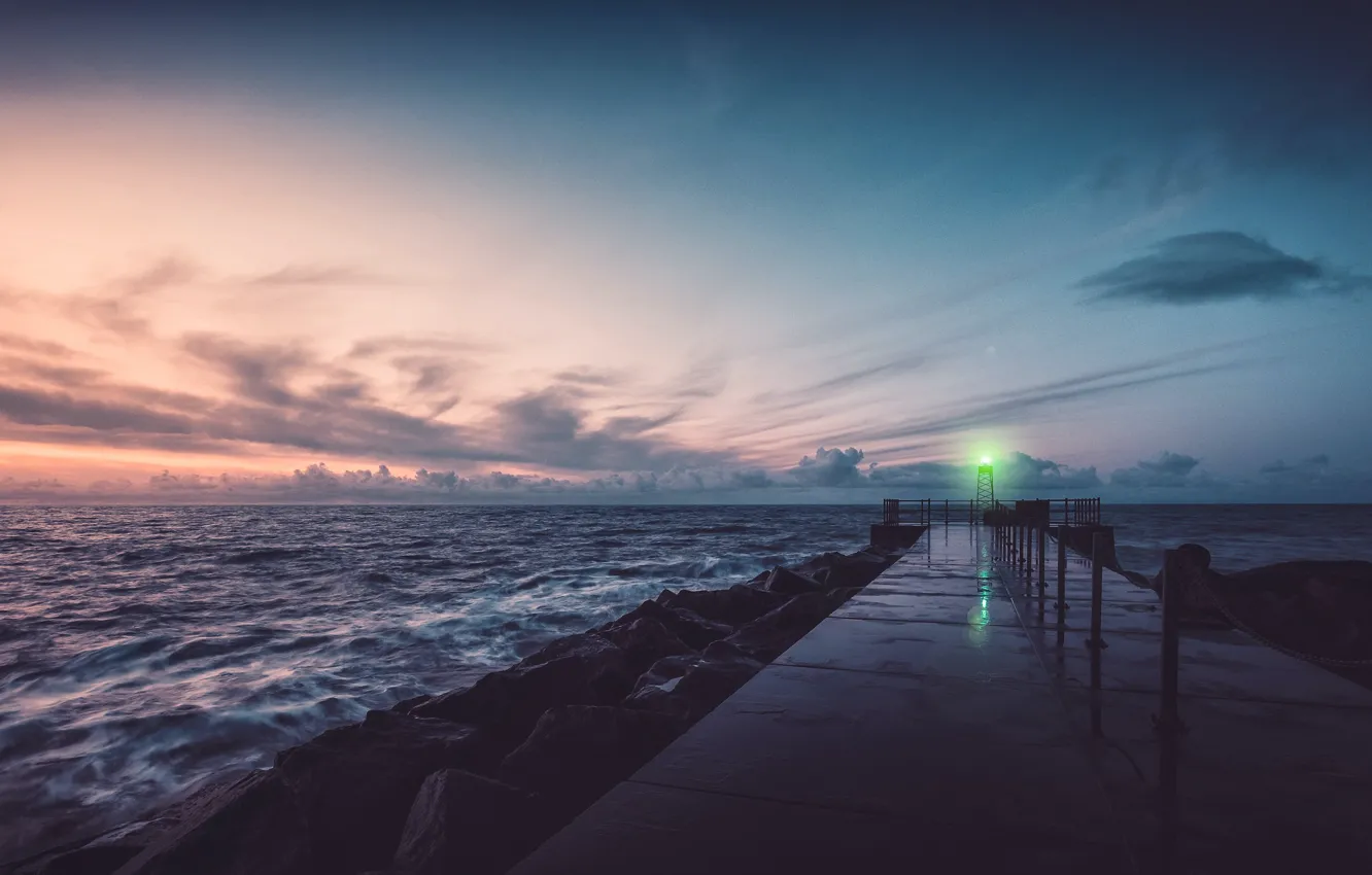 Photo wallpaper light, sky, ocean, water, clouds, rocks, stars, evening