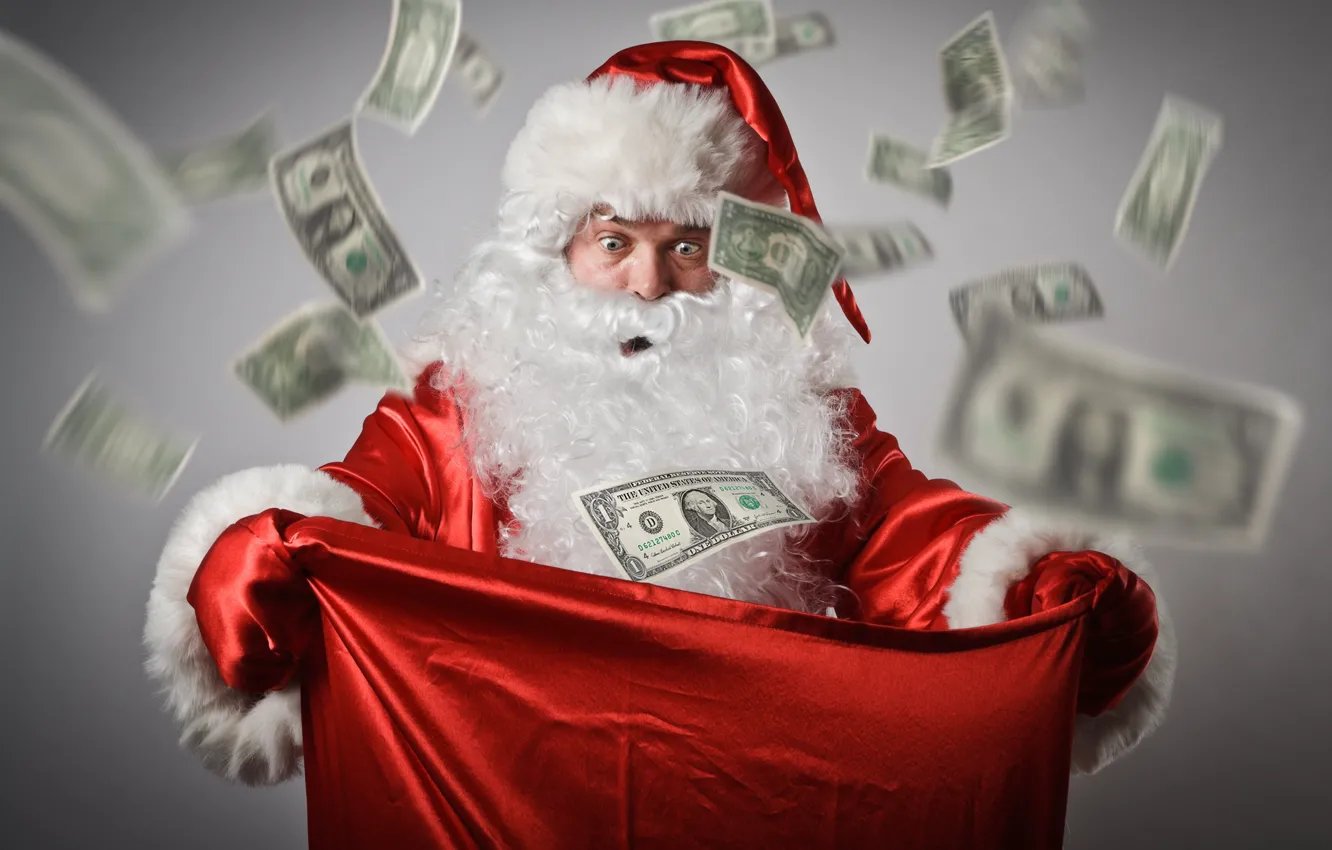 Photo wallpaper new year, money, Christmas, dollars, bag, New Year, merry christmas, Santa Claus