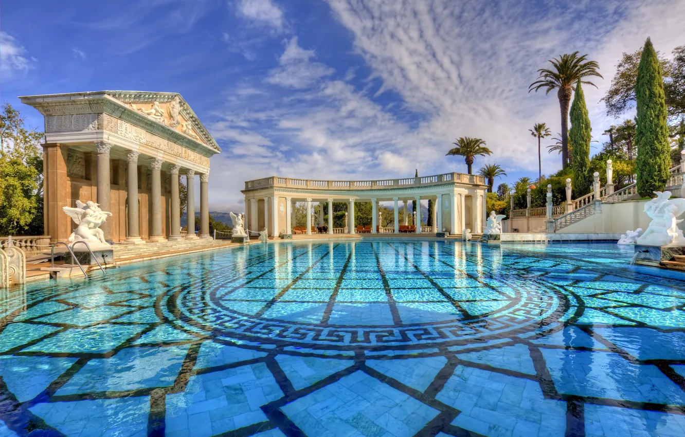 Photo wallpaper water, CA, columns, USA, architecture, San Simeon, the pool of Neptune