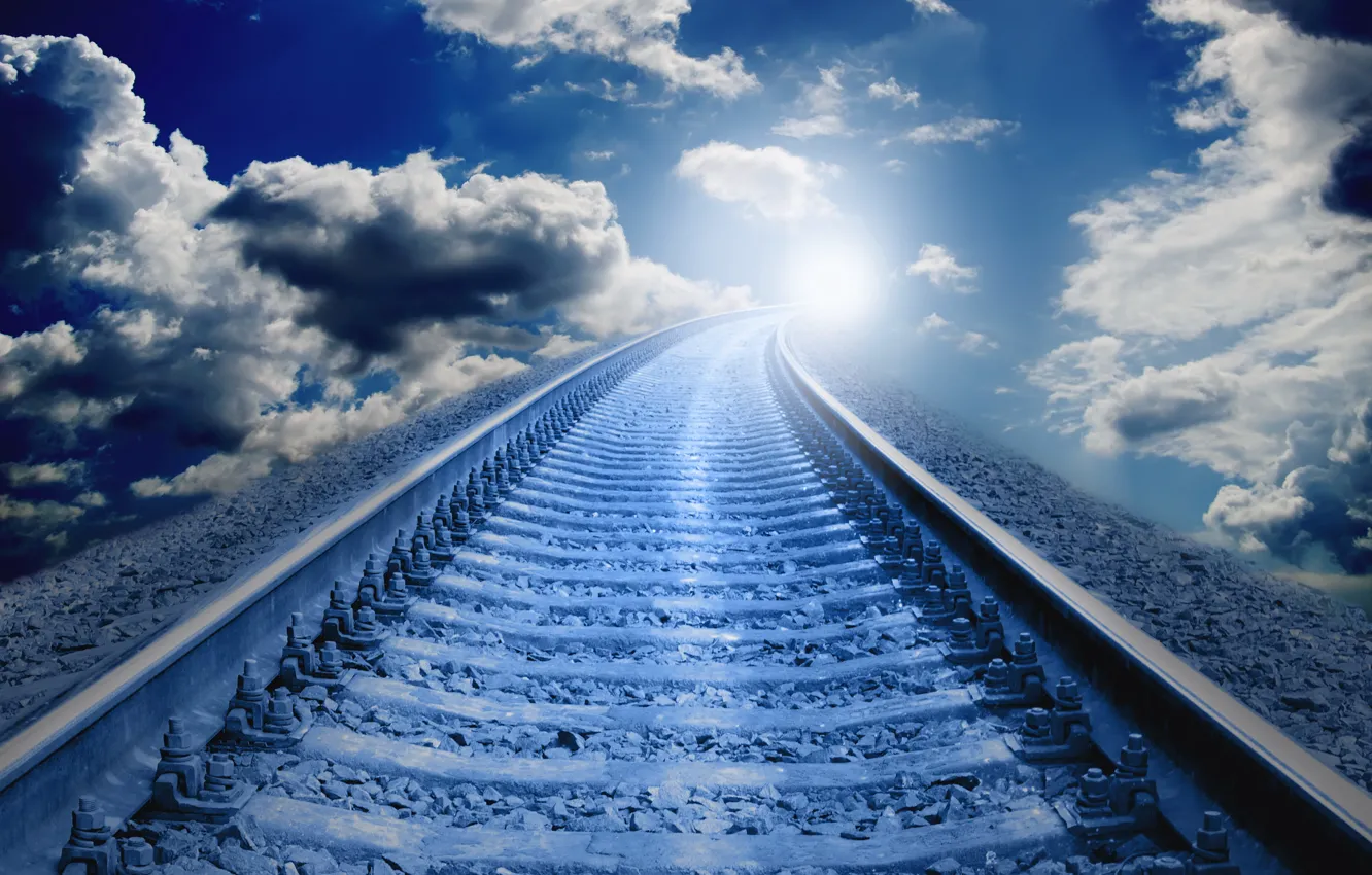 Photo wallpaper the sky, clouds, rails, The sun