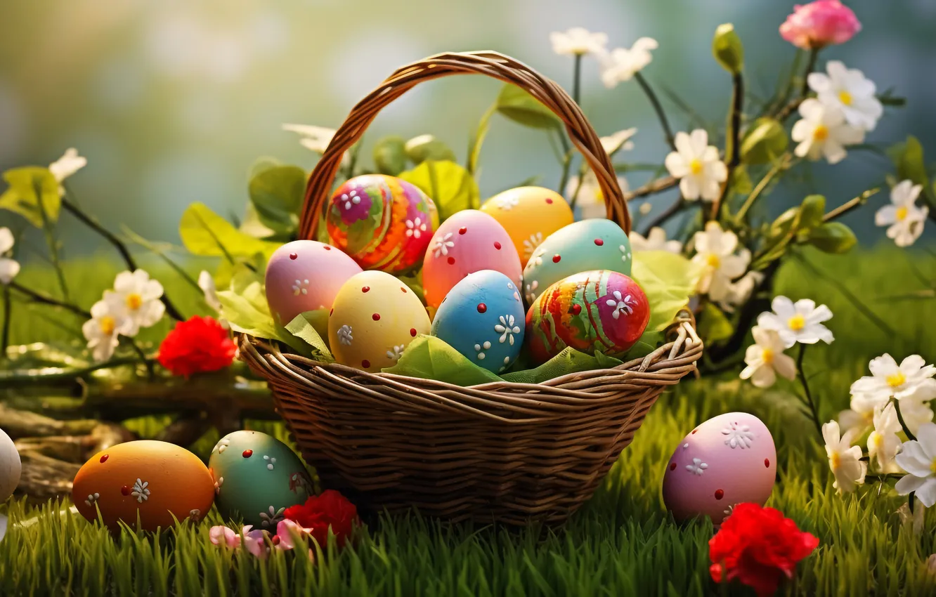 Photo wallpaper flowers, eggs, spring, colorful, Easter, happy, flowers, spring