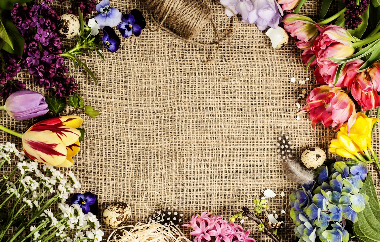 Photo wallpaper flowers, background, eggs, spring, frame, colorful, Easter, burlap