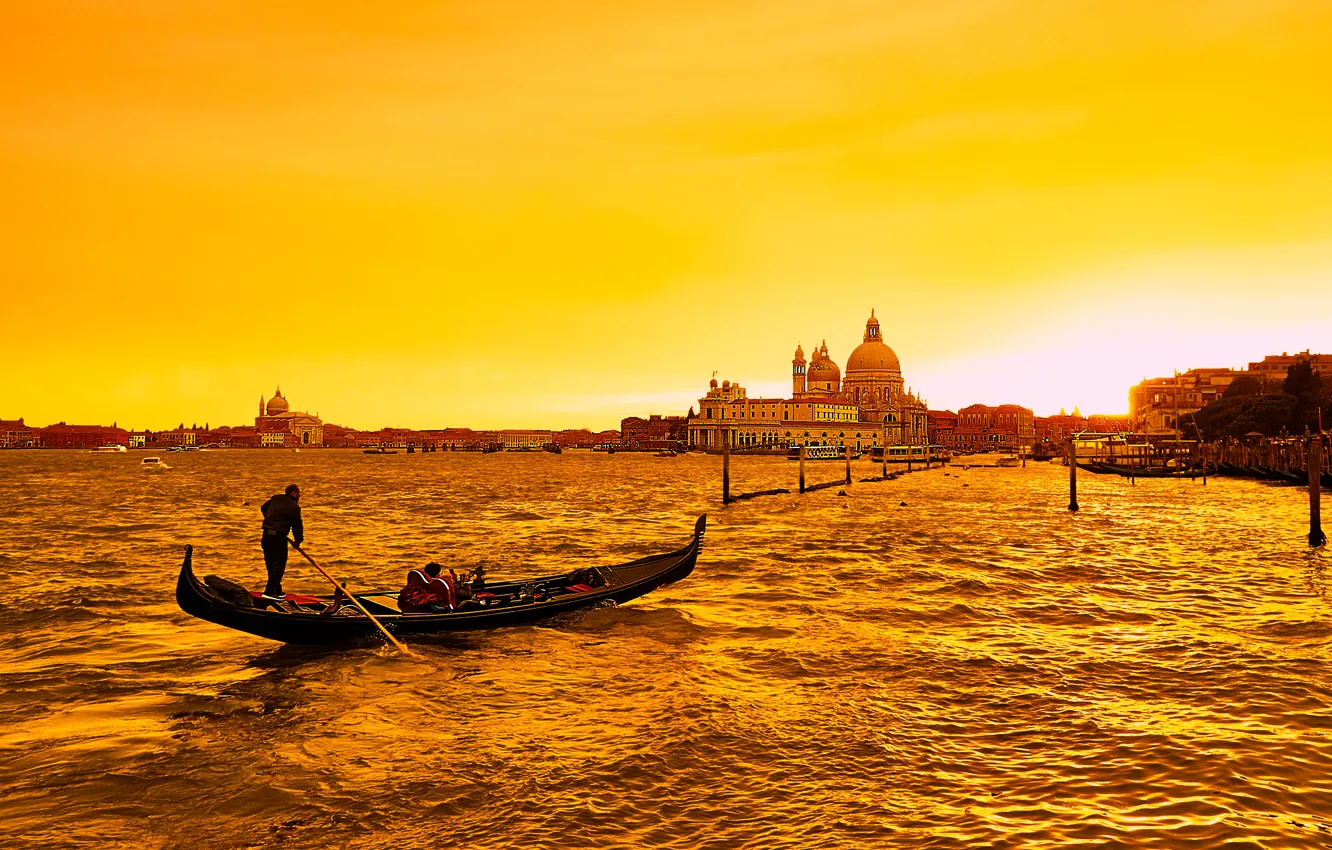 Photo wallpaper sea, boat, Italy, Venice, channel, glow, gondola