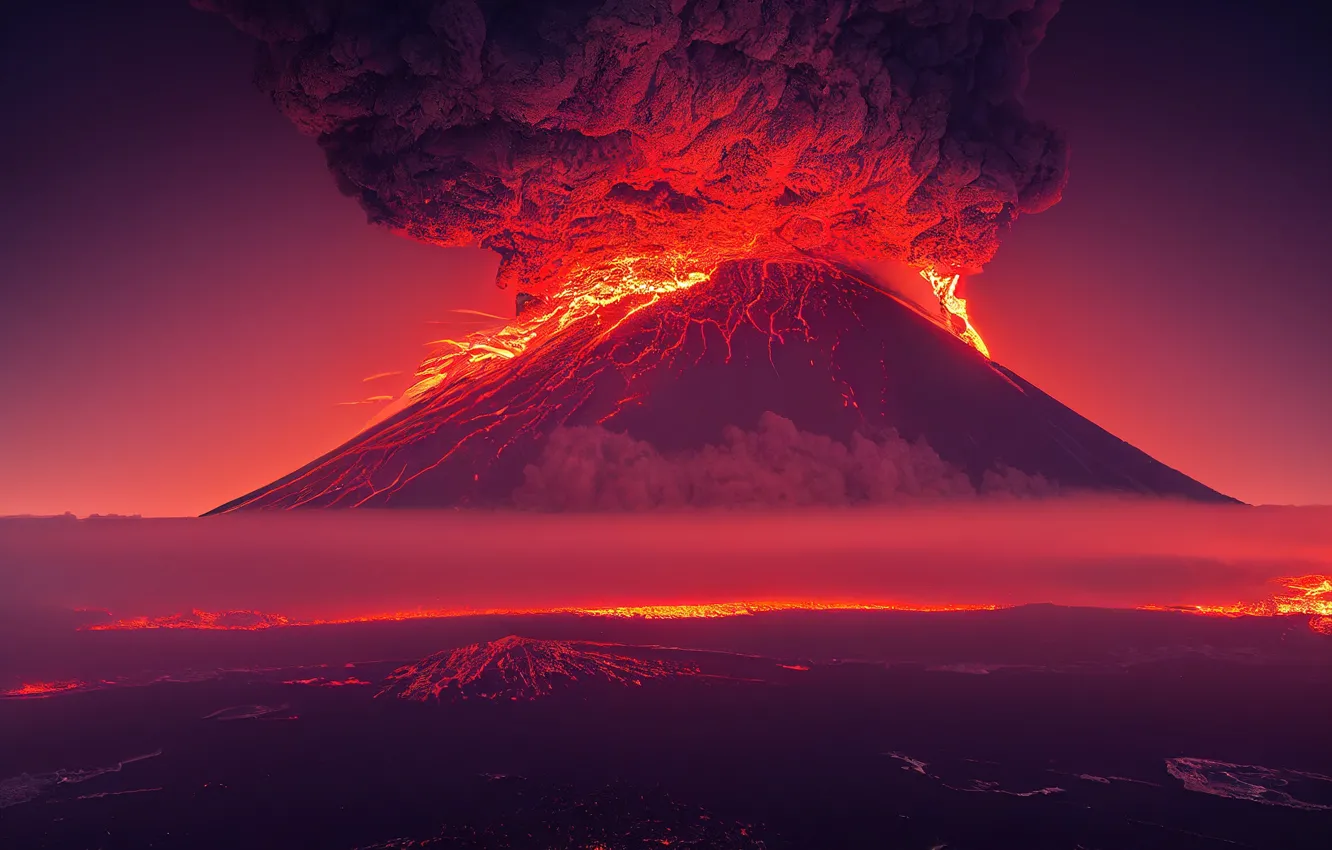 Photo wallpaper mountains, night, lights, fog, smoke, view, height, the volcano