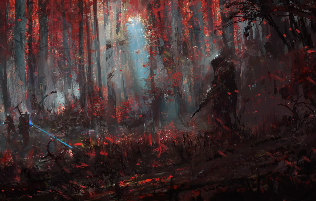 Photo wallpaper Color, Forest, Soldiers, Art, Art, Fiction, Illustration, Characters