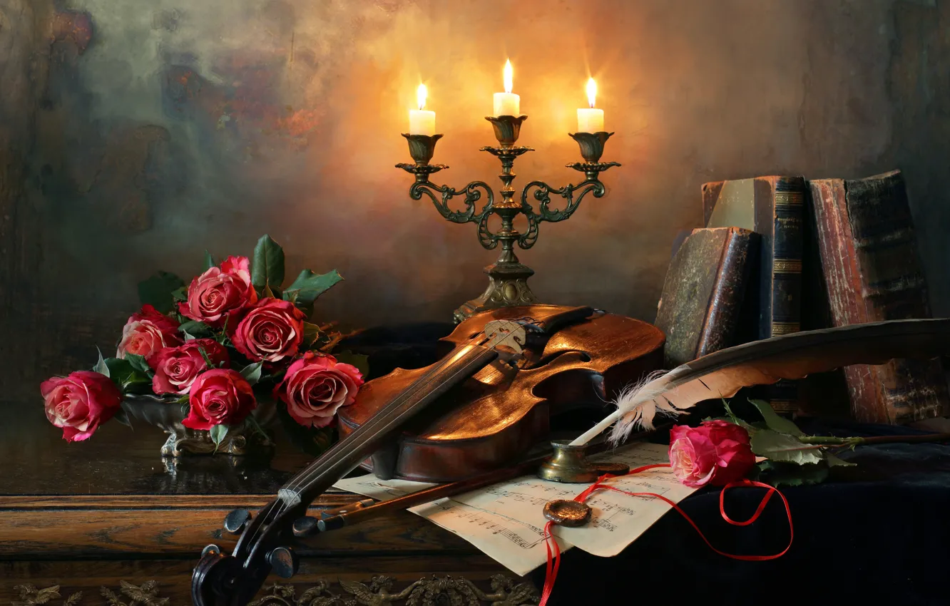 Photo wallpaper flowers, style, notes, pen, violin, books, roses, candles