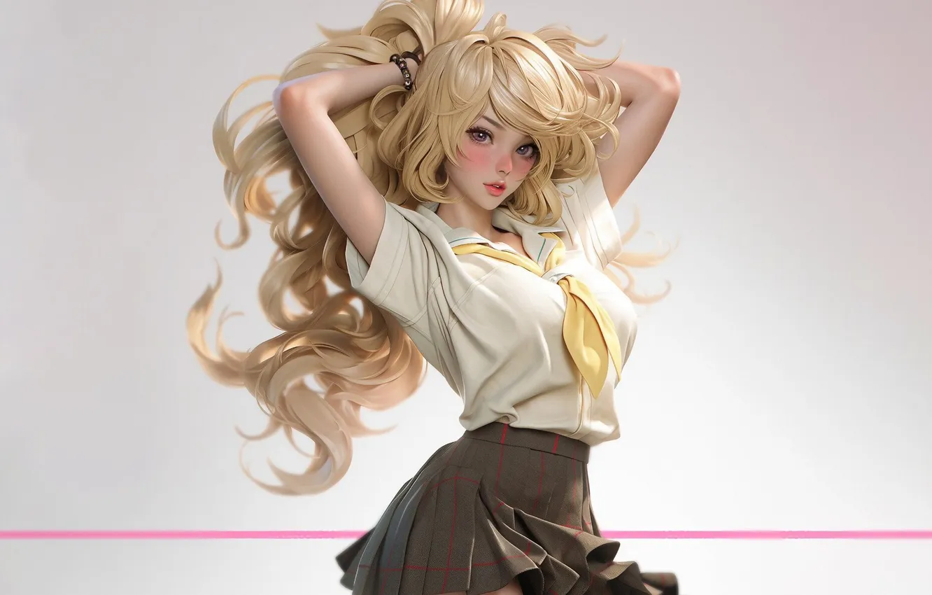 Photo wallpaper school uniform, long hair, blonde, anime girls, tie, simple background, Schoolgirl, school skirt