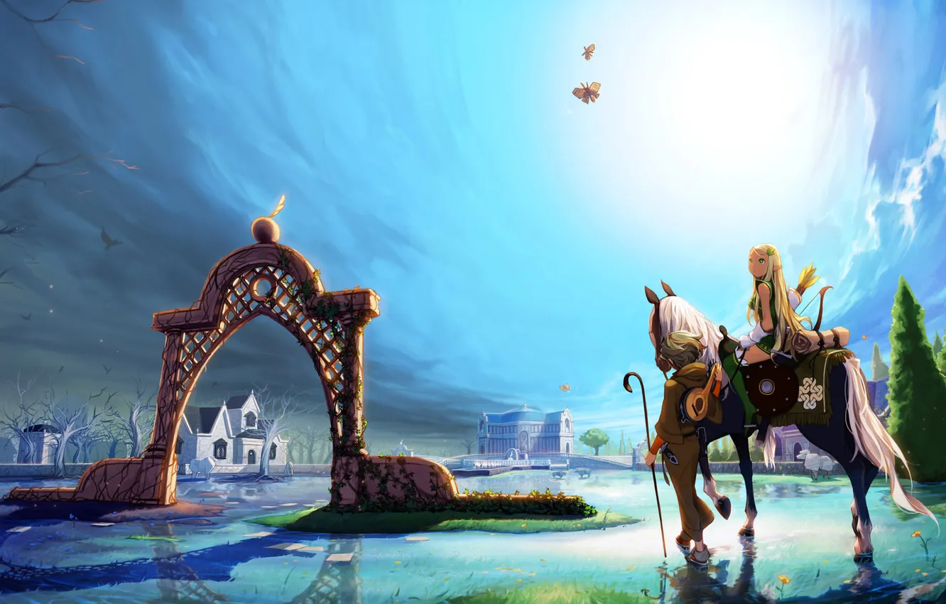 Photo wallpaper water, the city, horse, horse, elf, bow, art, girl