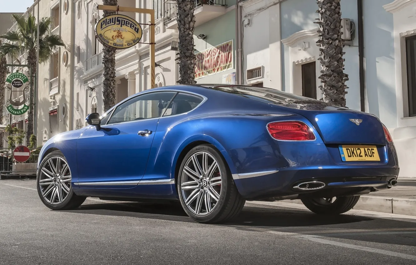 Photo wallpaper blue, palm trees, background, street, coupe, Bentley, Continental, Bentley