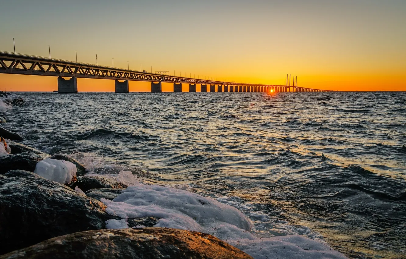 Photo wallpaper sunset, Sweden, Sweden, Bunkeflostrand, Oresund Strait, Oresund Bridge, the øresund Strait, The öresund bridge