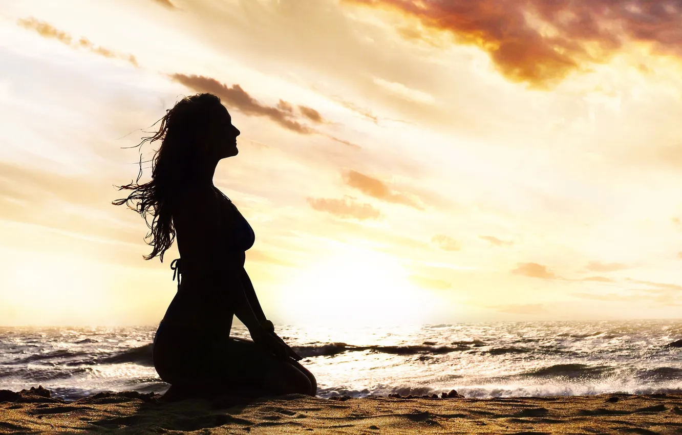 Photo wallpaper sand, sea, beach, girl, the wind, silhouette