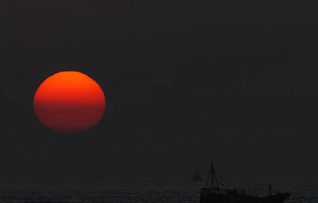 Photo wallpaper sea, the sky, the sun, sunset, ship