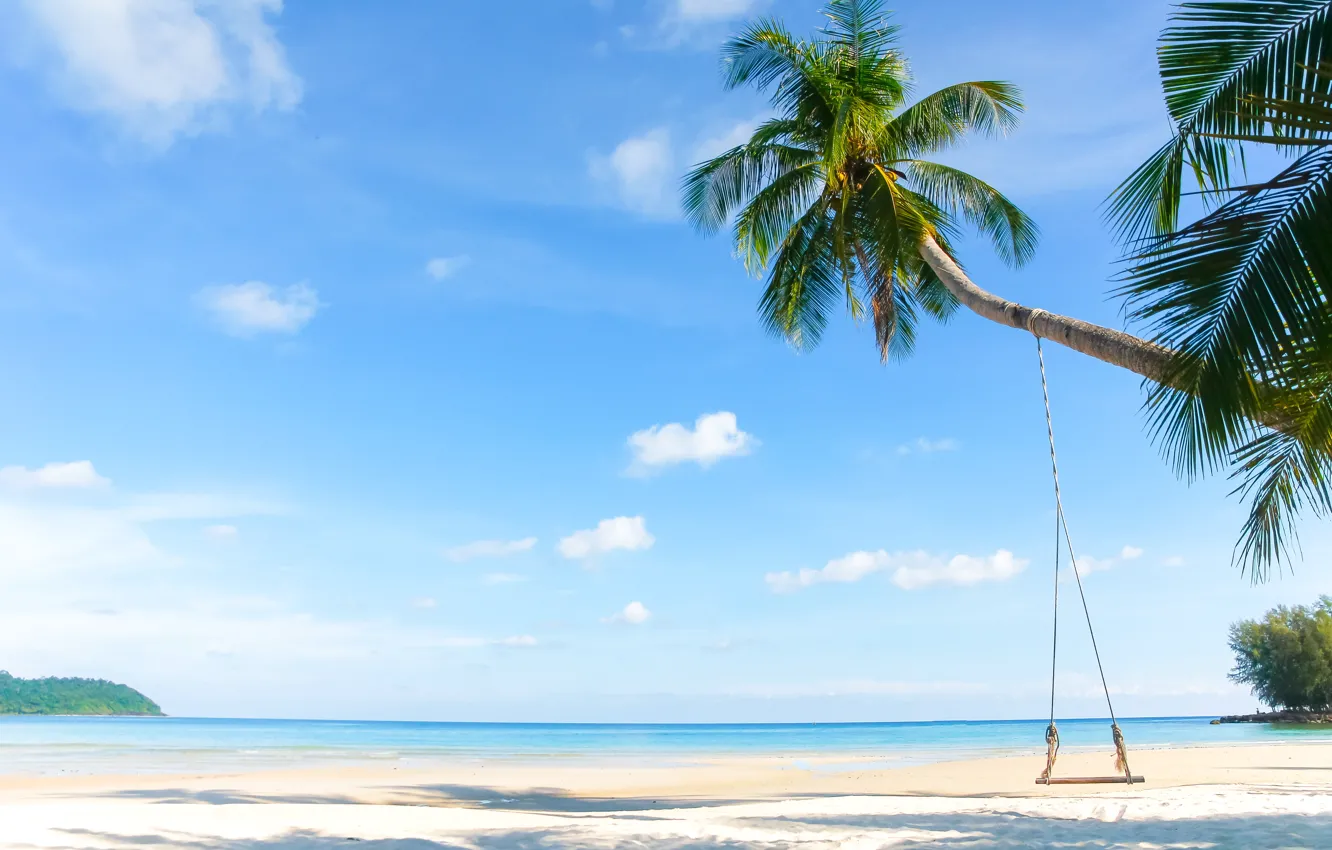 Photo wallpaper sand, sea, wave, beach, summer, the sky, palm trees, shore