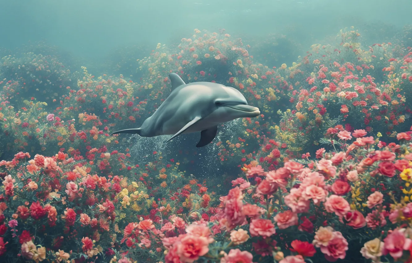 Photo wallpaper flowers, dolphins, underwater world, digital art, AI art, The Art of Artificial Intelligence, neural network