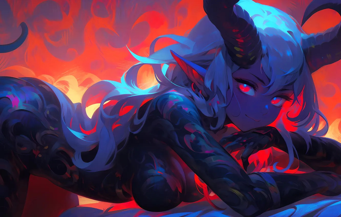 Photo wallpaper demon, girl, fantasy, horns, monster, red eyes, digital art, artwork