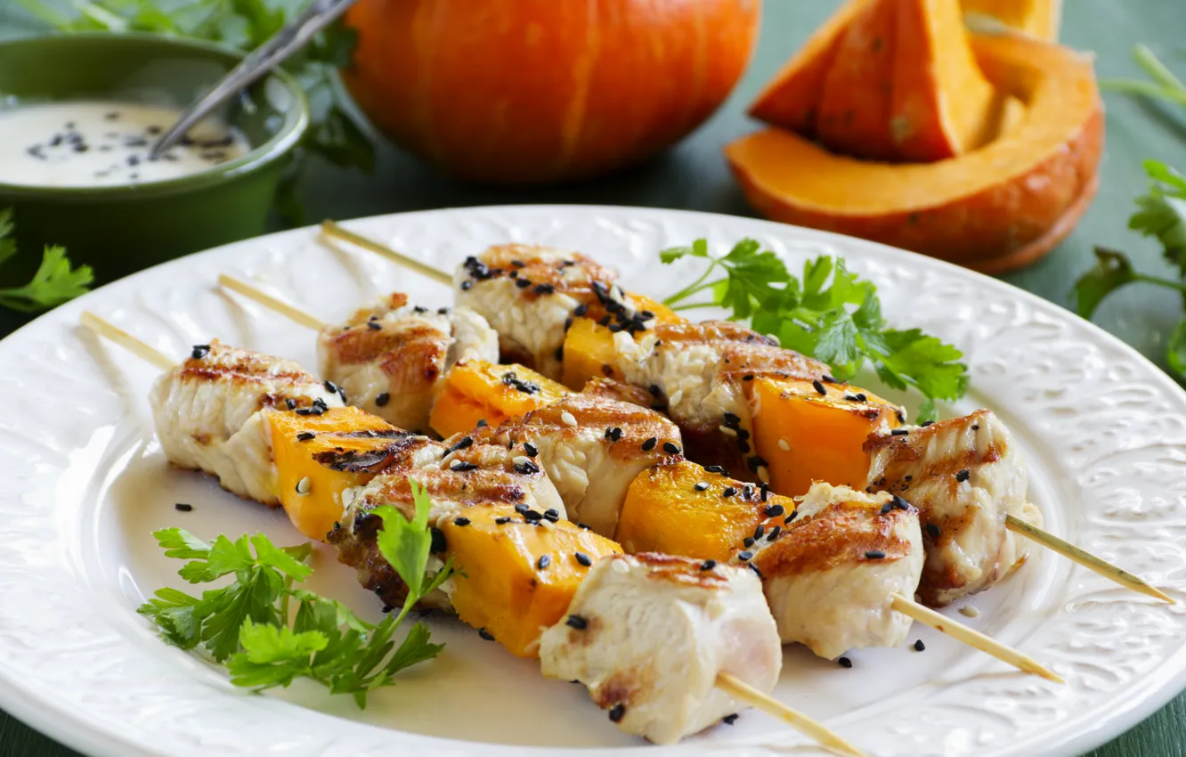 Photo wallpaper greens, food, meat, sauce, kebab, skewers
