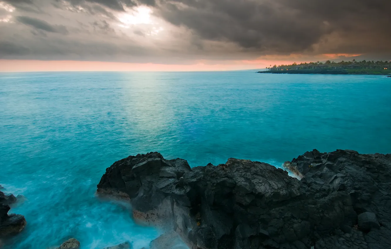 Photo wallpaper sea, the sky, clouds, storm, rocks, Hawaii, houses, hawaii