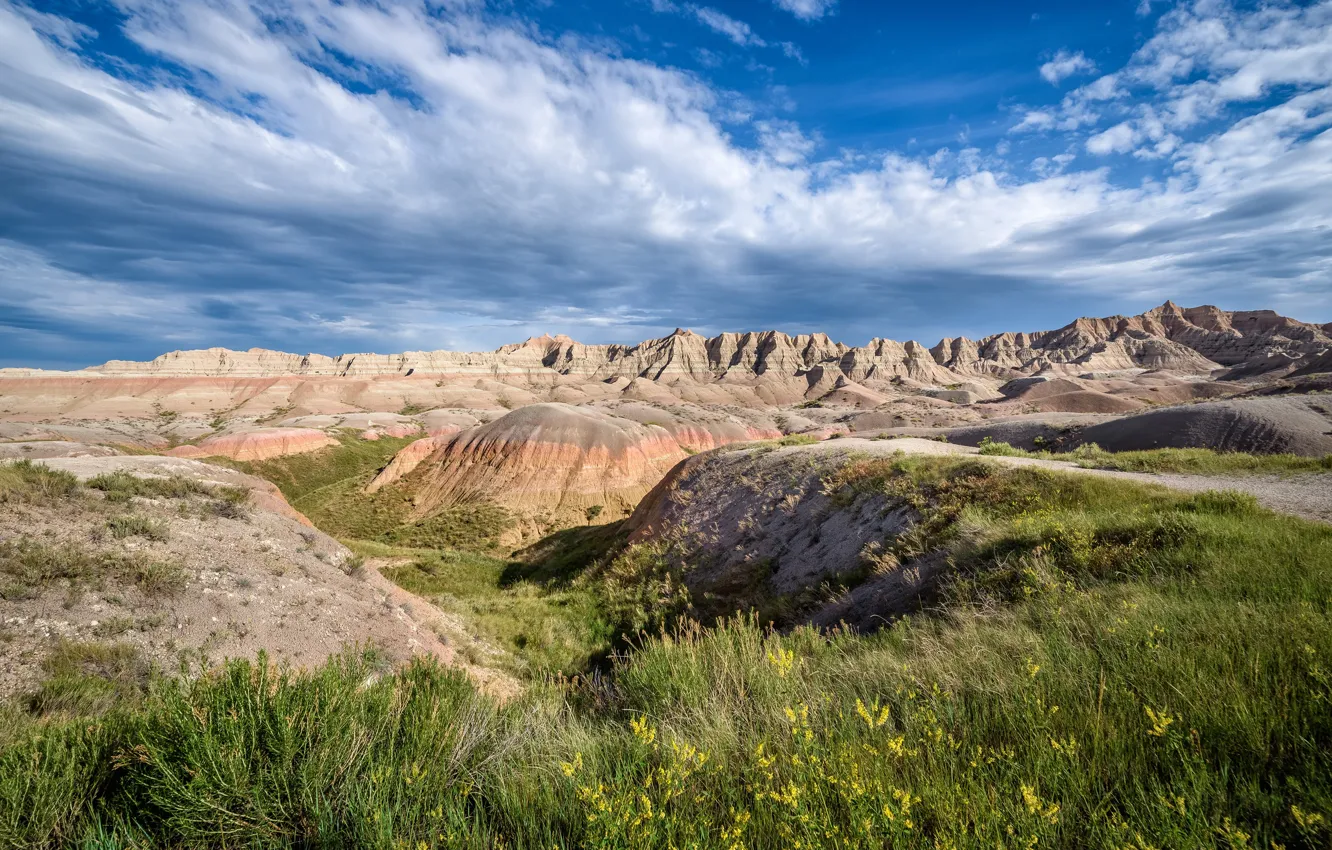 Photo wallpaper the sky, grass, clouds, mountains, blue, rocks, hills, vegetation
