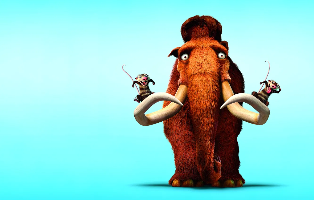 Photo wallpaper look, ice age, Ice Age, blue background, mammoth, rodent