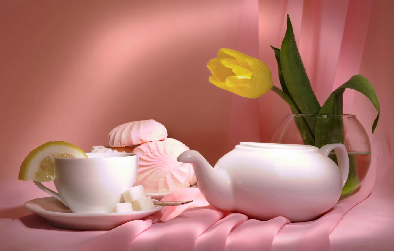 Photo wallpaper flowers, tea, Tulip, vase, still life, marshmallows