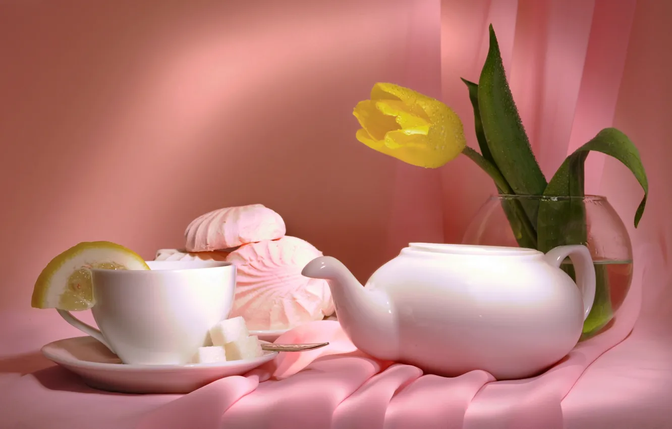 Photo wallpaper flowers, tea, tulips, vase, still life, marshmallows