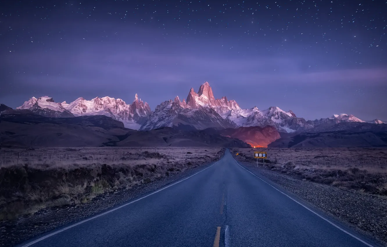 Photo wallpaper road, mountains, Argentina, Argentina, Patagonia, Patagonia, starry sky, Andes