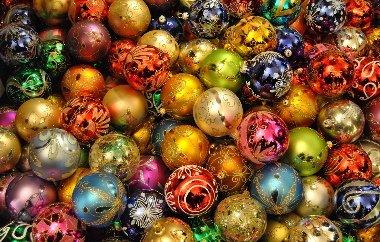 Photo wallpaper balls, decoration, toy, new year, texture, Christmas