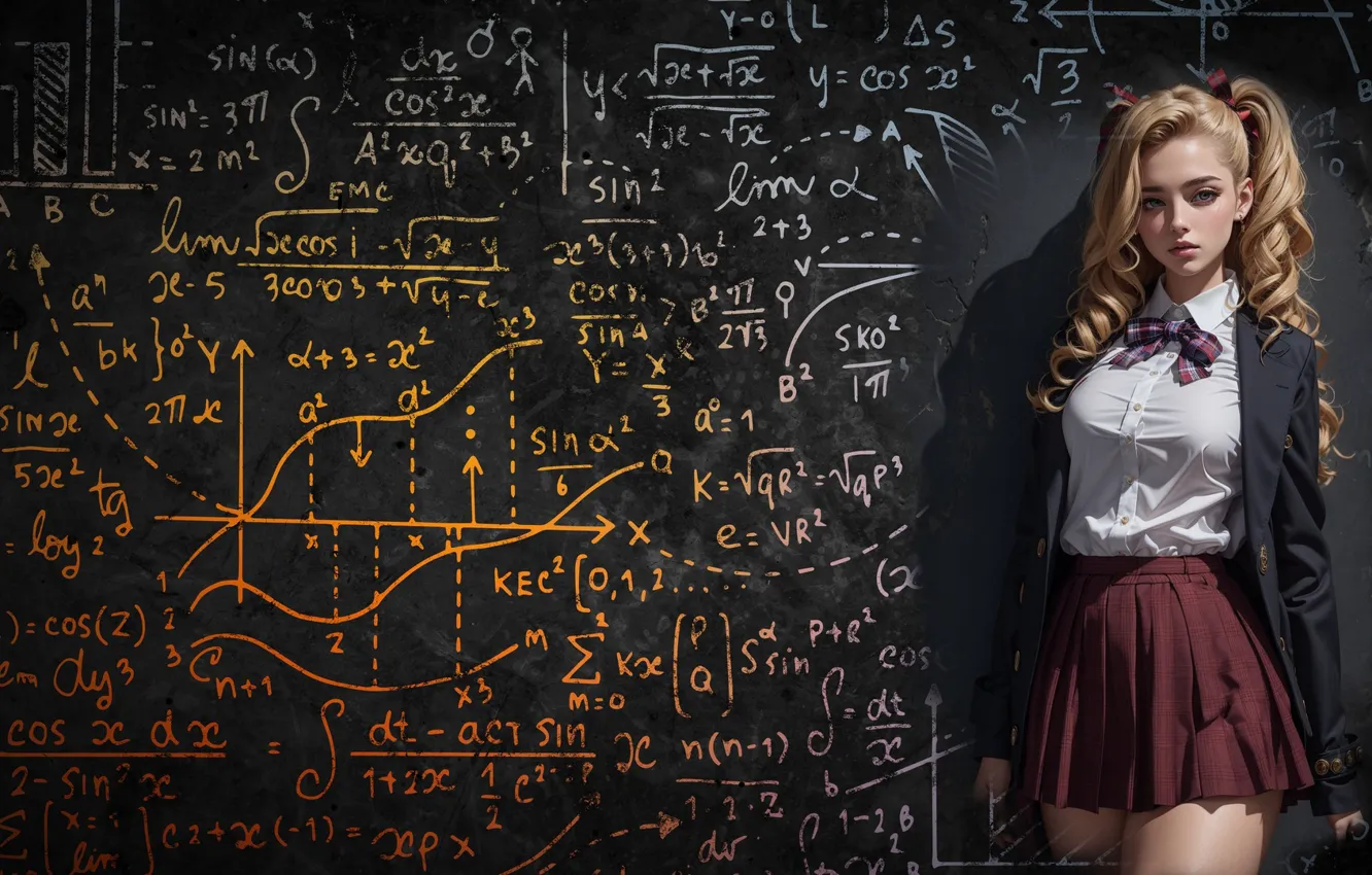 Photo wallpaper blonde, schoolgirl, beauty, formula, digital art, short skirt, digital art, white blouse