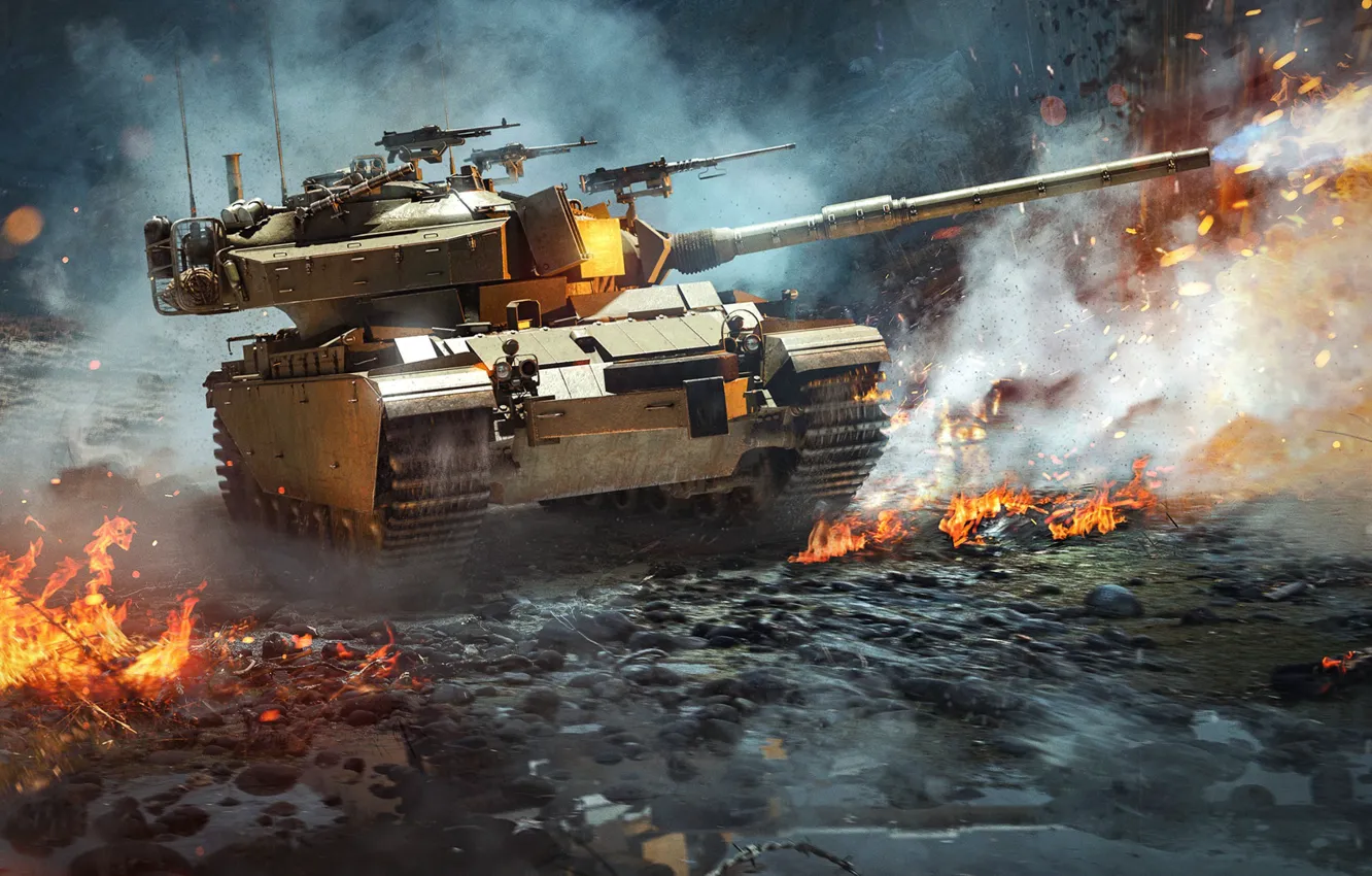 Photo wallpaper The game, Fire, Weapons, Flame, Tank, Shot, Technique, War Thunder