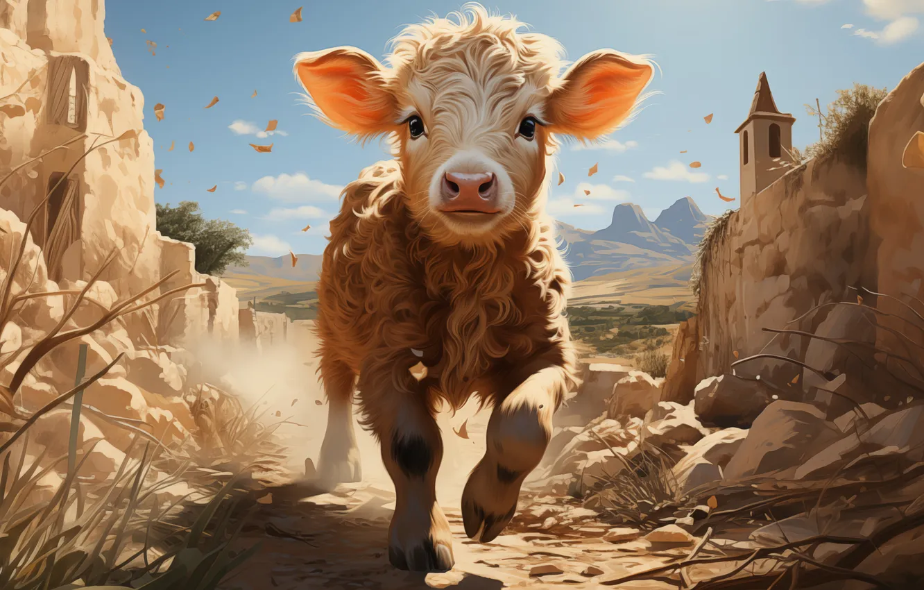 Photo wallpaper road, home, dust, front, digital art, calf, bull, AI art