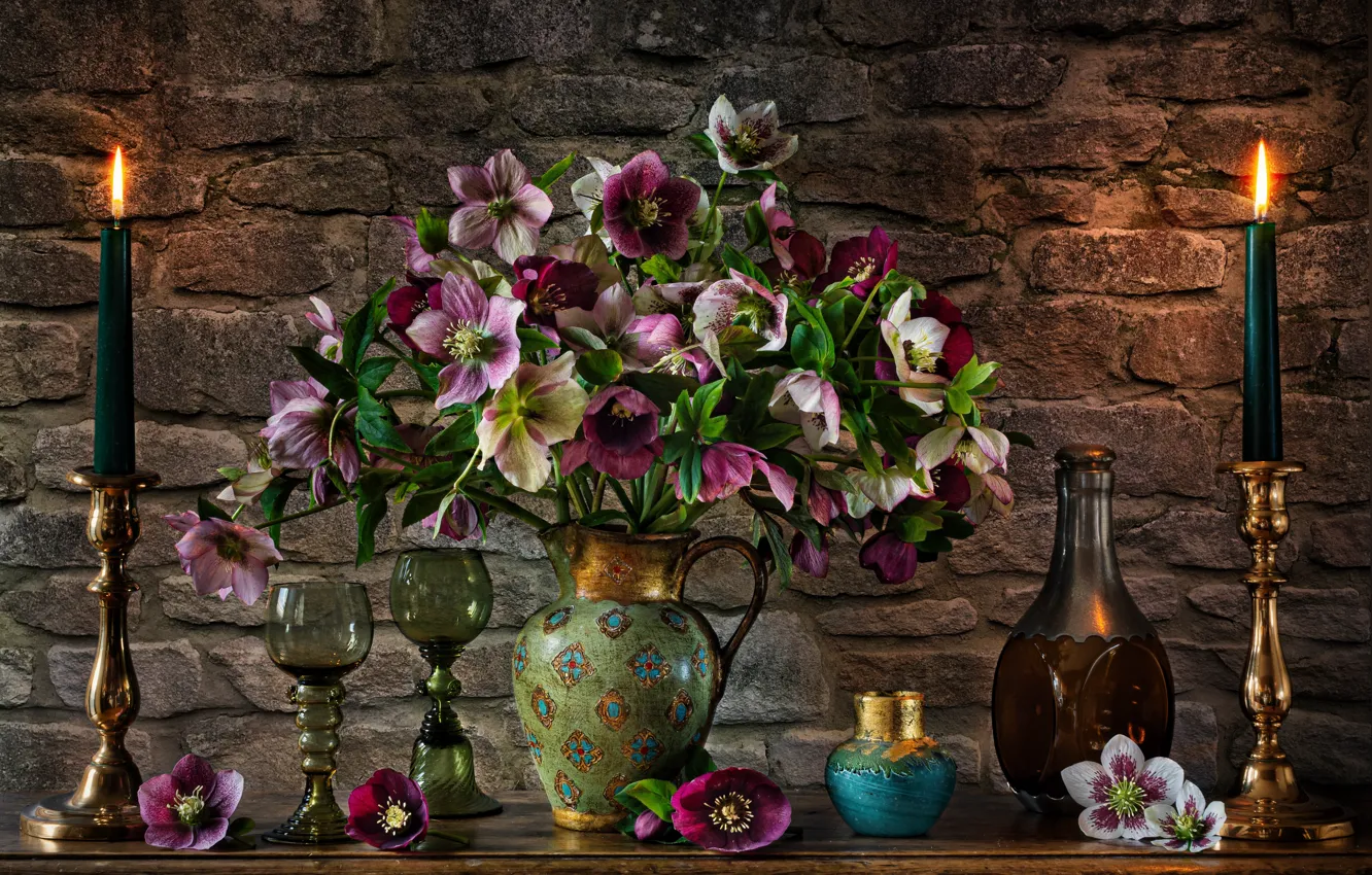 Photo wallpaper flowers, style, bottle, candles, glasses, pitcher, still life, candlesticks