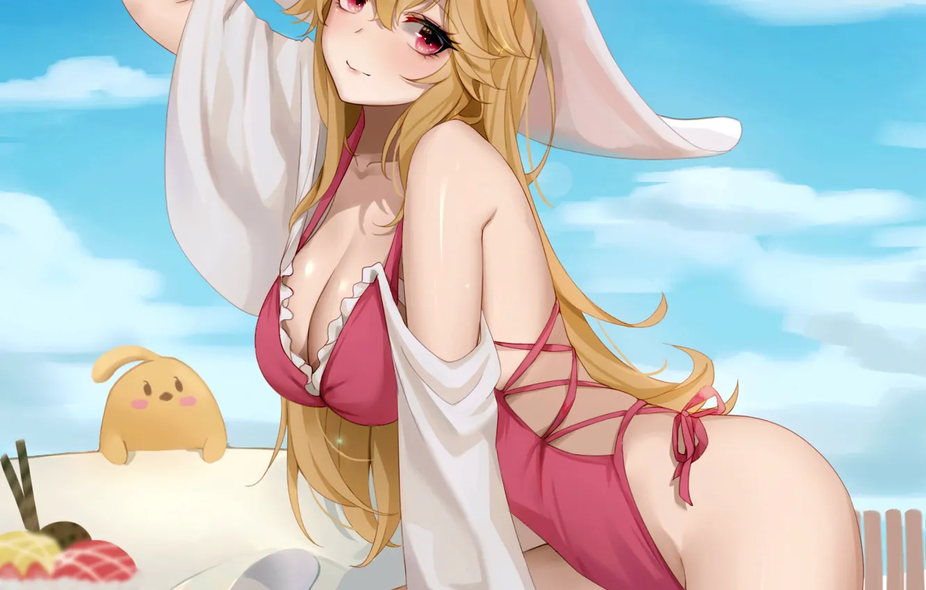 Photo wallpaper girl, sexy, pool, cleavage, long hair, boobs, anime, beautiful