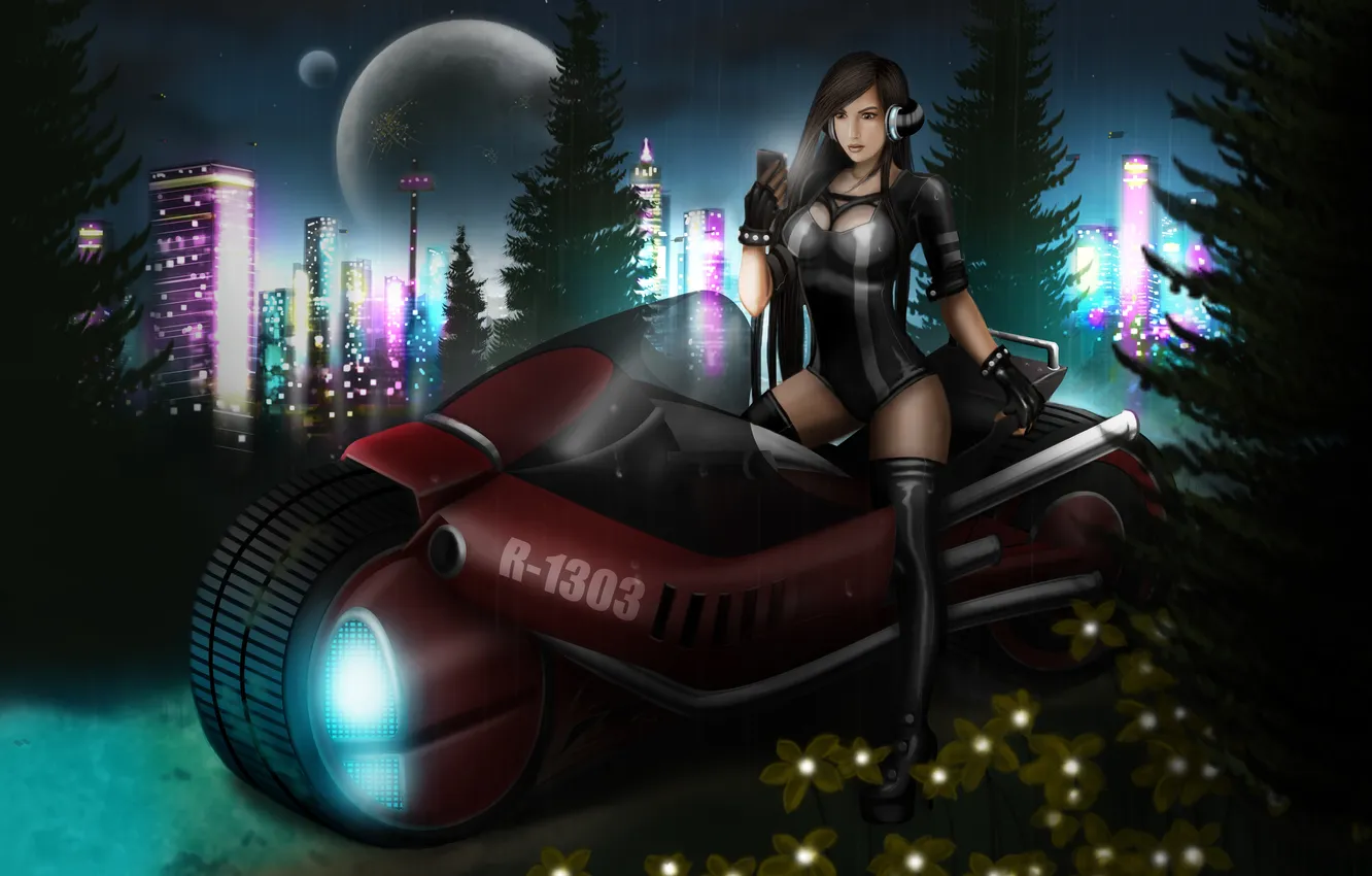 Photo wallpaper girl, night, the city, lights, future, headphones, art, motorcycle