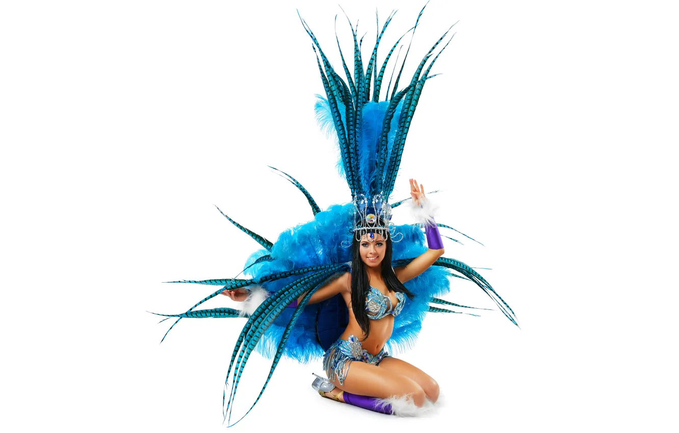 Photo wallpaper look, girl, decoration, smile, feathers, dark