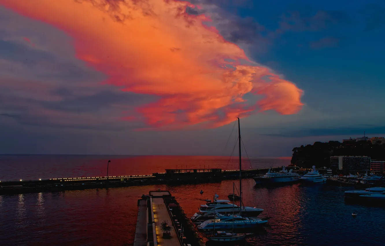 Photo wallpaper sea, clouds, night, yachts, glow, harbour, Monaco, Monte Carlo